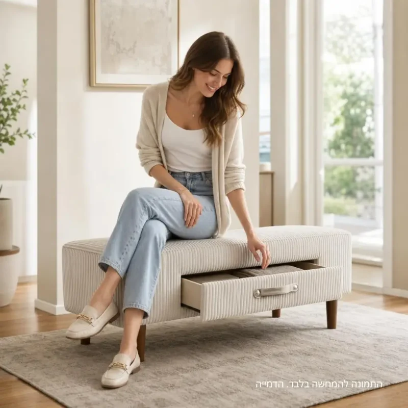 הדום + מגירה פסים – Pastel Cream Ribbed Ottoman with Drawer_converted