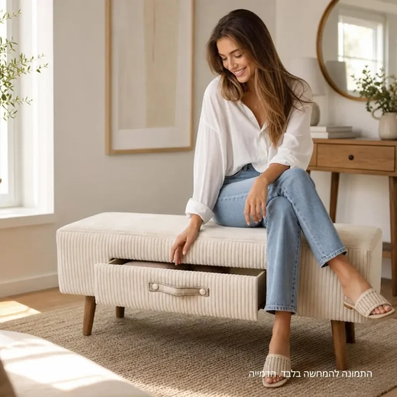הדום + מגירה פסים – שמנת Pastel Cream Ribbed Ottoman with Drawer_converted